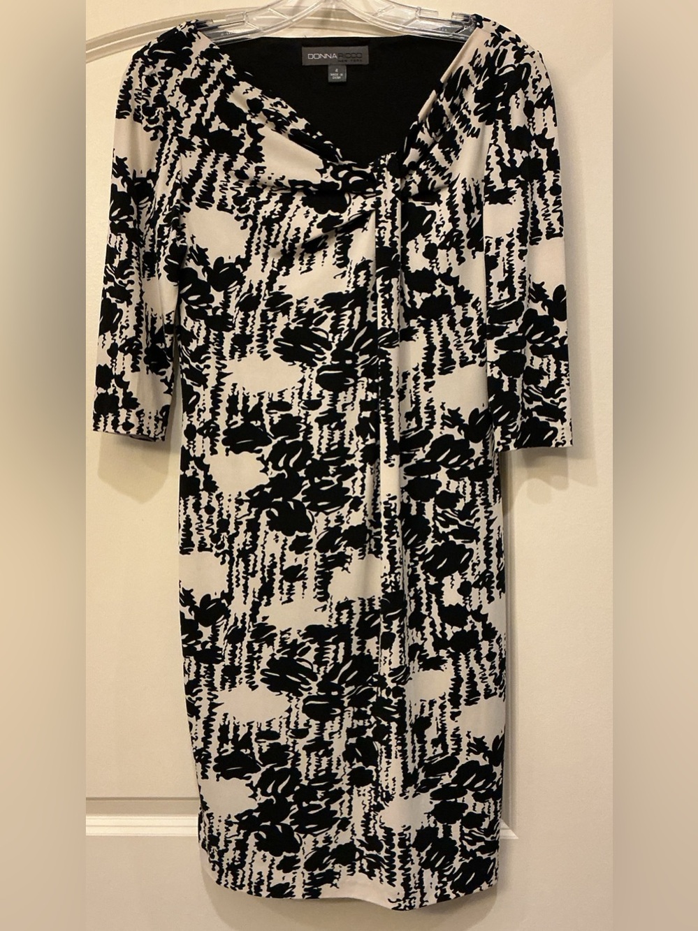 Donna Ricco NY Cream Black Abstract Geometric 3/4 Sleeve Lined Dress Size 4
